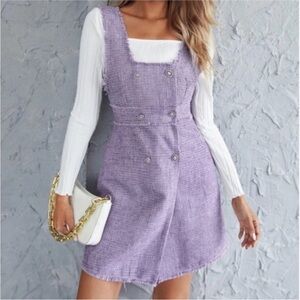 BNWT Zara Lavender Lilac Tweed Square Neck Pinafore Dress w/ Rhinestone Buttons